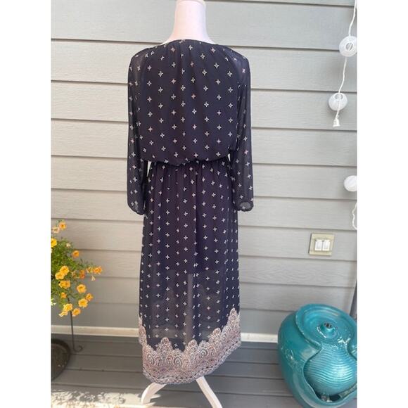 DR2 Size Petite Small Midi Dress Navy Blue Print Long-Sleeve - Picture 4 of 6